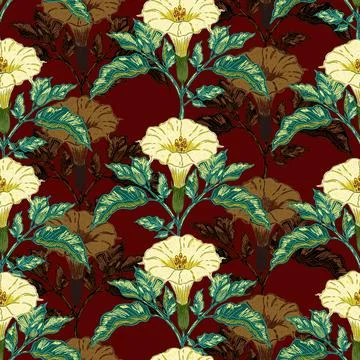 Datura flower seamless botanical pattern with vintage hand drawn floral illus Illustrazione stock