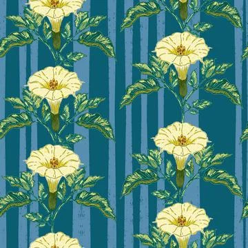 Datura flower seamless botanical pattern with vintage hand drawn floral illus Stock Illustration