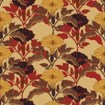 Datura flower seamless botanical pattern with vintage hand drawn floral illus 스톡 일러스트