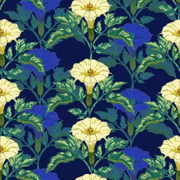 Datura flower seamless botanical pattern with vintage hand drawn floral illus Stock Illustration