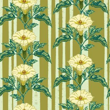 Datura flower seamless botanical pattern with vintage hand drawn floral illus Ilustración de archivo