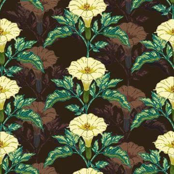 Datura flower seamless botanical pattern with vintage hand drawn floral illus Stock Illustration