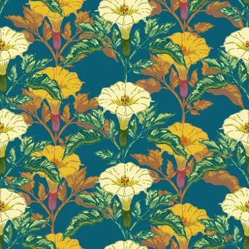 Datura flower seamless botanical pattern with vintage hand drawn floral illus Stock Illustration