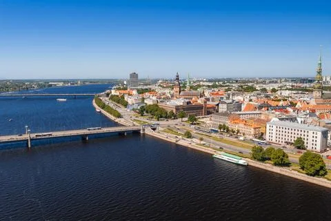 The Daugava River and Riga Old Town from Above on a Sunny Summer Day Stock-Fotos