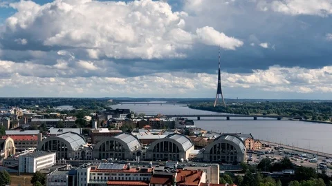Daugava River and Riga Skyline - Radio TV Tower and Central Market 스톡 동영상 122378664