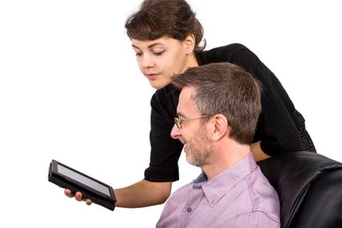 Daughter Giving Dad an E-Reader Stock Photos