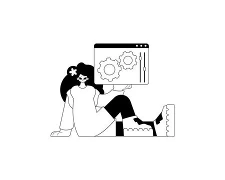 The daughter is holding a browser with context and repair visualize . subsc.. Ilustração Stock