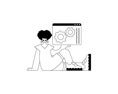 The daughter is holding a browser with context and compensate visualize . s.. Stock Illustration