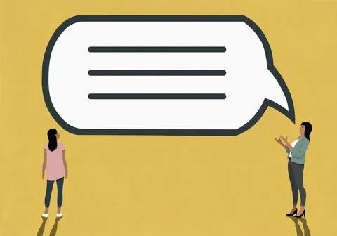 Daughter looking up at large speech bubble as mother talks and gestures Ilustración de archivo