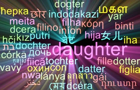 Daughter multilanguage wordcloud background concept glowing Stock Illustration