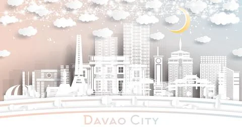 Davao City Philippines Skyline in Paper Cut Style with White Buildings, Moon  Stock Illustration