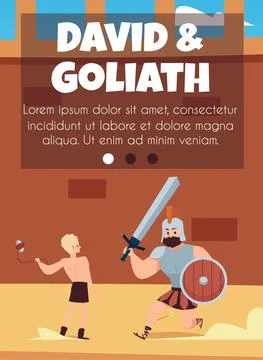 David and Goliath card template on topic of Bible, flat vector illustration. Stock Illustration
