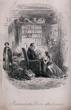David Copperfield as a boy enters the study of Dr Strong who is absorbed in.. Illustrazione stock