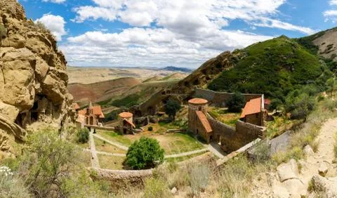 David Gareja monastery complex and Panoramic view of the highland valley Stock Photos
