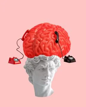 David head with brain and retro phone on pink background. Creative art coll.. Stock Photos