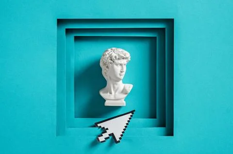 David statue and pixel mouse cursor framed in cyberpunk and vaporwave style Stock Illustration