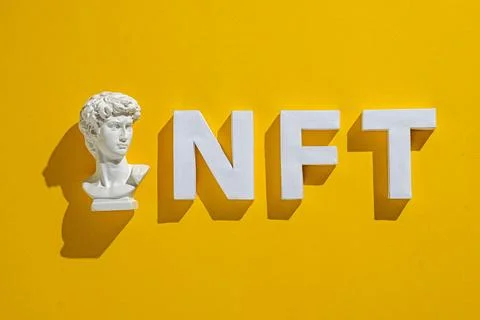 David statue bust and NFT 3D text on a bright background as a concept of crypto 스톡 일러스트