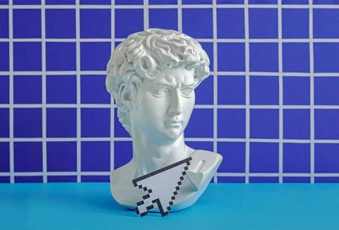 David statue head and arrow pixel mouse pointer interface. Minimal concept of Stock Illustration