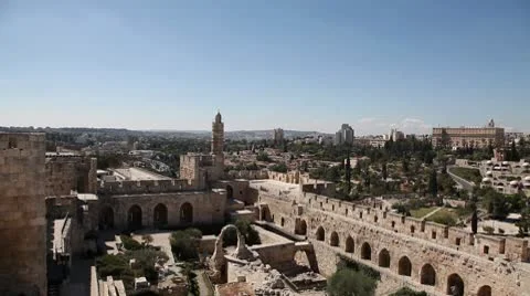 David tower, Jerusalem old city, wide pan Stock Footage