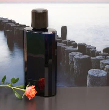 Davidoff Cool Water Eau de Toilette big perfume bottle decorated with a rose Stock Photos