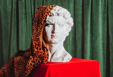 David's head is half covered with makeup and a cape made of velvet leopard .. Stock Photos