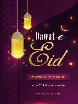 Dawat-E-Eid Invitation Card or Flyer Design with Illuminated Lamps Hang and.. Stock Illustration