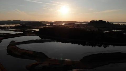 Dawn Aerial Slow Rise Over Wetland Nature Reserve Beautiful Landscape Stock Footage 112122053