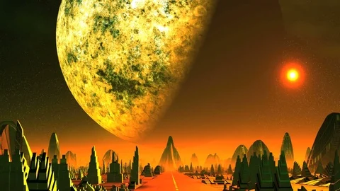 Dawn and Big Planet over Alien City Stock Footage 75362318