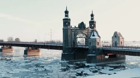 Dawn. Bridge Queen Louise in Sovetsk. Cold morning Stock Footage 261161910