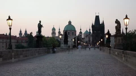 Dawn on Charles bridge in Prague Stock Footage 10826679