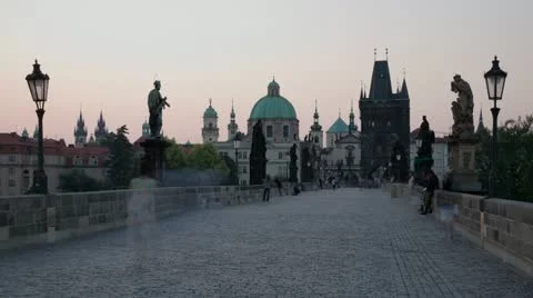Dawn on Charles bridge in Prague Stock Footage 10826690