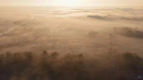 At dawn, fields and trees are shrouded in thick fog, a river flows through Stock Footage 328680009
