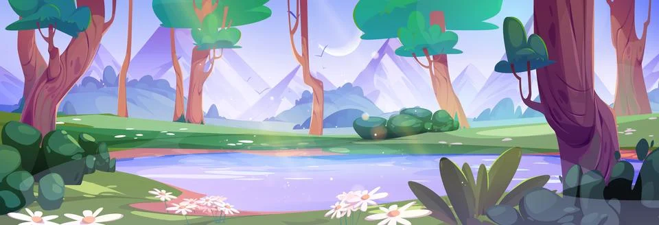 Dawn in forest with mountain view vector landscape Stock Illustration