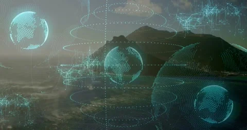 Dawn haze starting three 3D globes hovering over sea stacking rings linking data Stock Footage 330114680