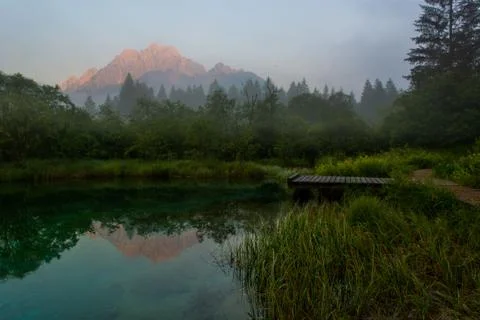Dawn illuminated mountains reflecting in forest lake. Stock Photos