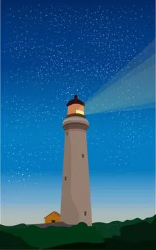Dawn landscape with lighthouse in flat style. The lighthouse shines at night. Stock Illustration