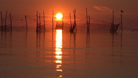 Dawn light at fishing nets silhouette Stock Photos