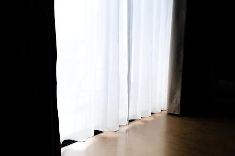 Dawn of light through a translucent white curtains in my bedroom. Foto stock