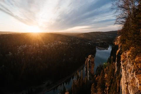 Dawn at the natural attraction "devil's finger" in the Perm region Stock Photos