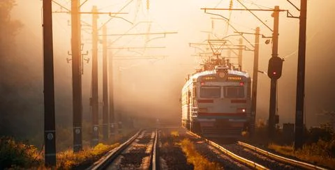 Dawn over the forest through which the railway line runs. Stock Photos