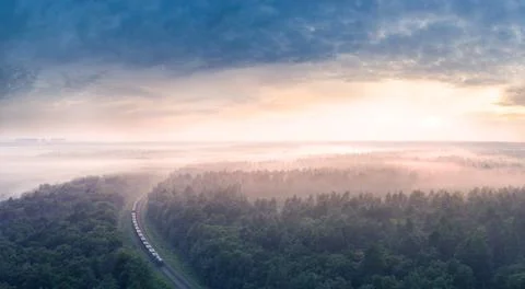 Dawn over the forest through which the railway line runs. Stock Photos