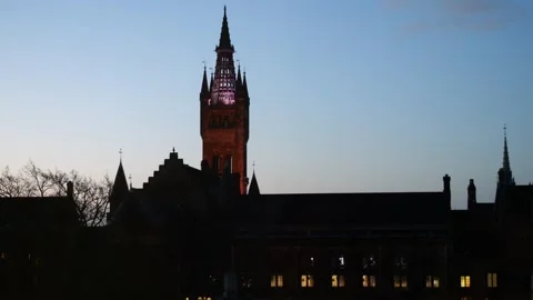 Dawn Over Gilbert Scott Tower: Silhouettes University of Glasgow Stock Footage 261764099