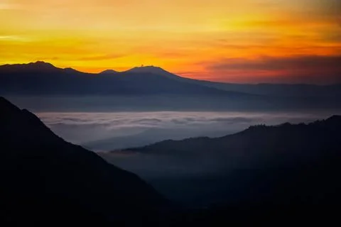 Dawn over Gunung Bromo in Java Early morning after sunrise view of the spe... Stock-Fotos