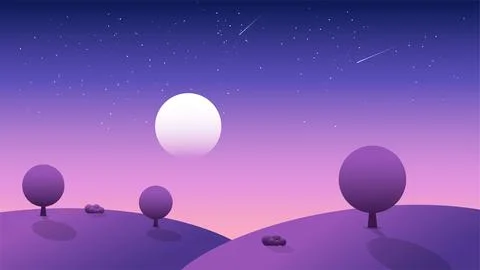 Dawn over the hills under the starry sky flat. Vector illustration. Stock Illustration