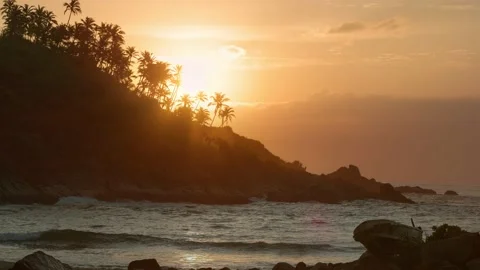 Dawn over the jungle. The sun rises over the ocean. Mirissa Secret Beach in.. Stock Footage 228293194