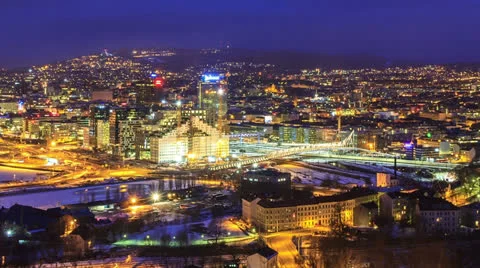 Dawn over Oslo, Norway. Barcode skyline, winter Stock Footage 23168271
