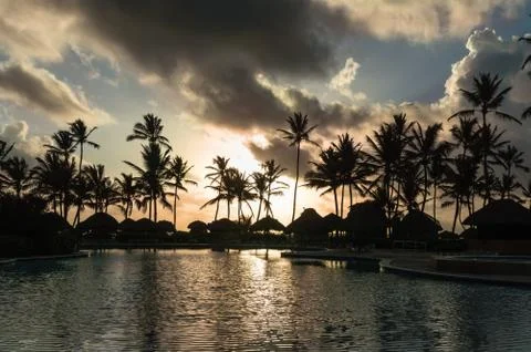 Dawn over the pool, palm trees, bungalows in the tropics, on the Atlantic coa Stock Photos