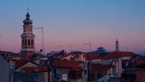 Dawn skyline rooftops of Venice with brick campanile tower, aerials and 스톡 동영상 128318443
