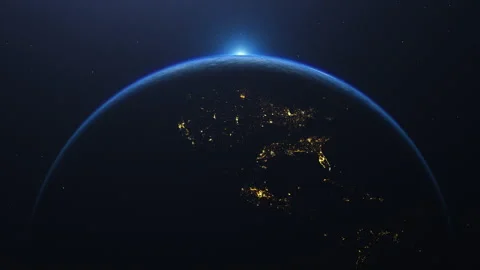 Dawn, the sun rises behind the planet earth. Sunrise over the globe.Day to night Stock Footage 201841672