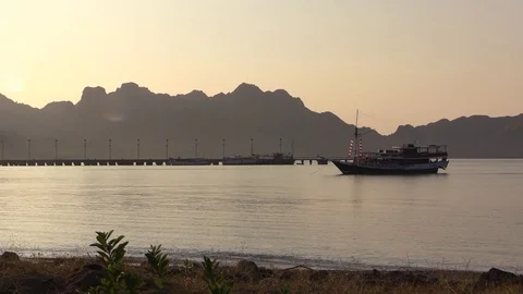 Dawn at the tropical beach with view of the sea and a ship Stock Footage 81533041